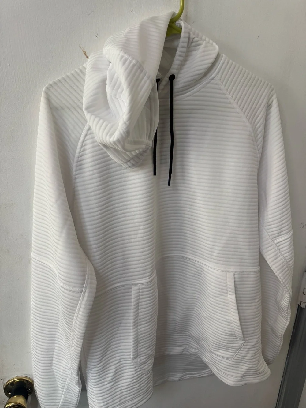 Apana White Ribbed Crewneck Hoodie with Black Drawstrings